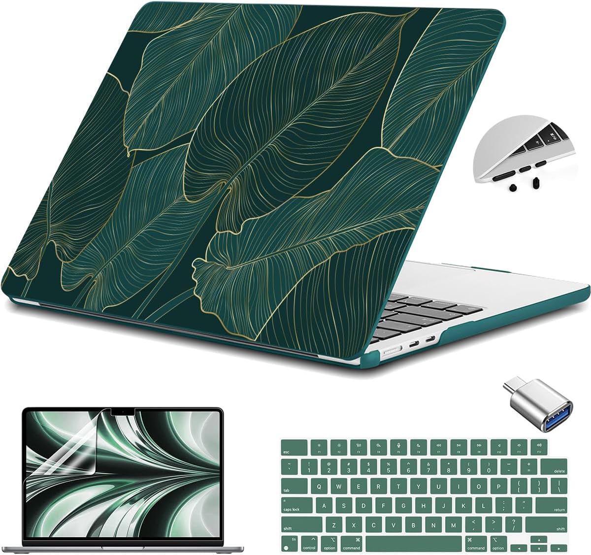 Teryeefi Compatible with MacBook Air 13.6 Case M2 M3 M4 2022-2024 2025 Release (Model:A2681 A3113/A3240), Plastic Hard Shell Cover with Screen Protector & Keyboard Cover & USB 3.0 Adapter, Green Leaf