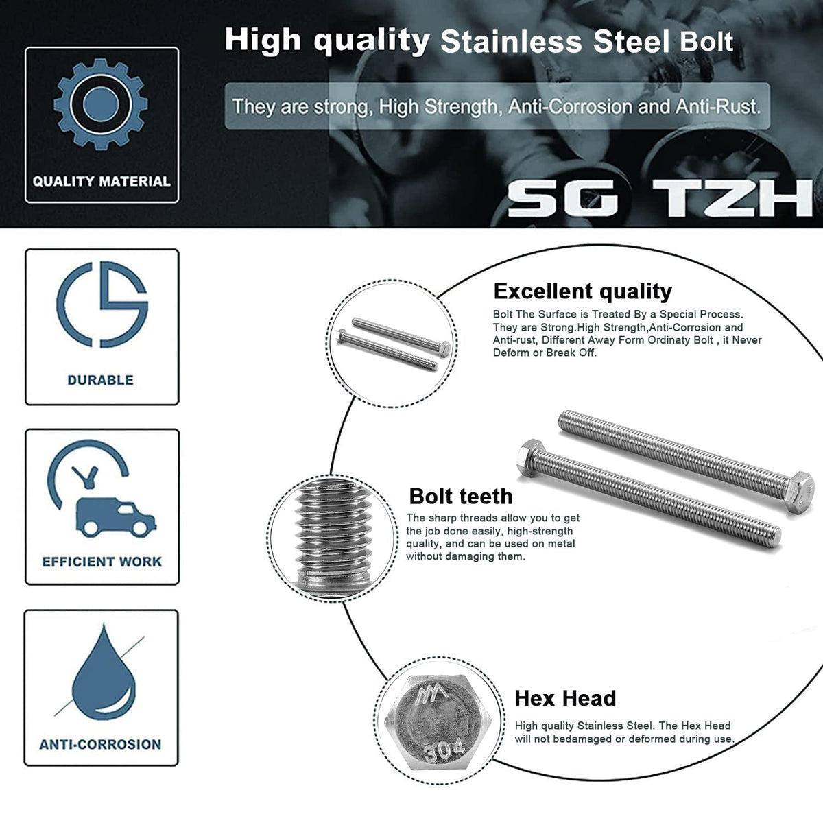 3/8-16 x 1 Hex Head Screw Bolt, 20Pcs 18-8 (304) Stainless Steel, Fully Threaded, Plain Finish, by SG TZH
