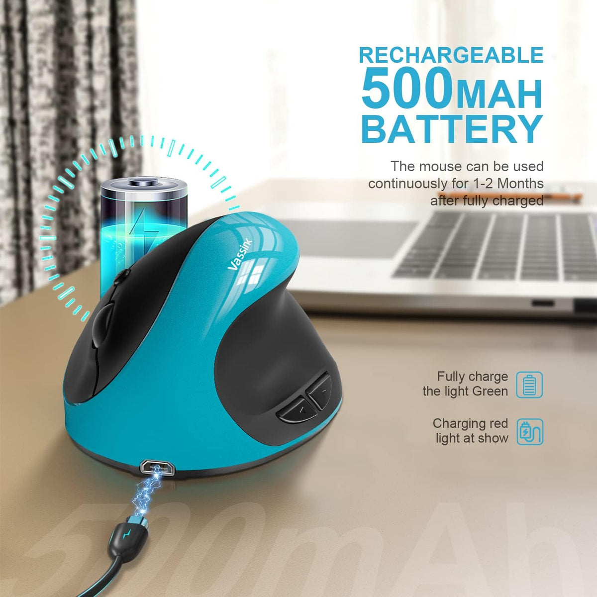 Vassink Ergonomic Mouse, Rechargeable Wireless Mouse Right Handed Small Mouse with 6 Buttons for Laptop,Desktop,PC, MacBook（Blue）