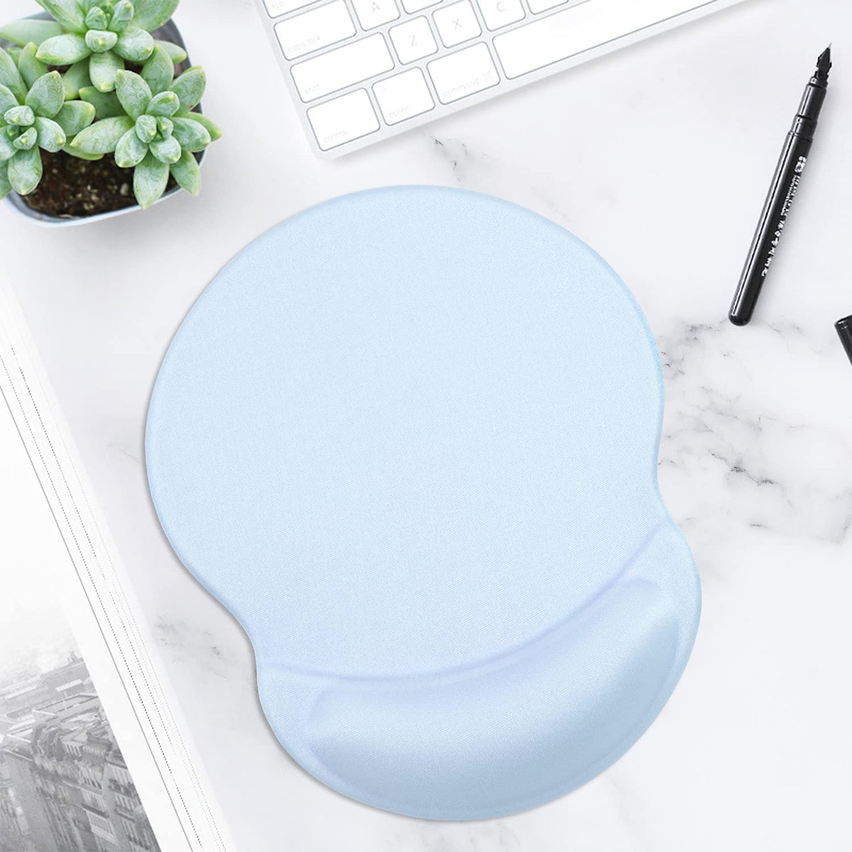 ITNRSIIET Ergonomic Mouse Pad with Gel Wrist Support Small Wrist Rest Smooth Surface Non-Slip PU Base Comfortable Office Supplies Pain Relief, 8.7 x 7.2 inches, Blue