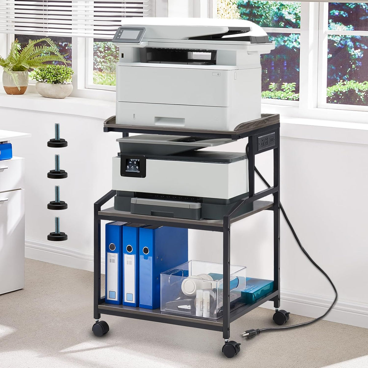 Lauren&Harold 34'' Printer Stand with Power Outlets & USB Ports, 3-Tier Adjustable Rolling Cart, Heavy Duty 150LBS Storage Table with Wheels for Office, Kitchen, Living Room, Grey/Black