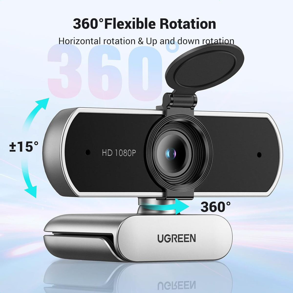 UGREEN Full HD 1080P Webcam with Microphone, 2 Noise-Canceling Mics, 85° Fov & Fixed Focus, Plug and Play, Auto Light Correction, Privacy Cover PC Camera for Zoom/Skype/Teams, Switch 2, Silver Gray