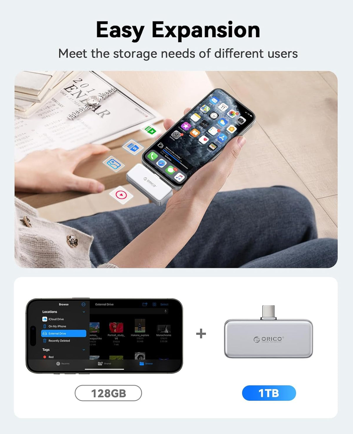 ORICO FlashPod 1TB Portable SSD Up to 2000MB/s, Direct Plug Design, High-Speed External SSD with USB 3.2 Gen2x2 20Gbps Interface, Reliable Storage for iPhone 16 Series, Tablets, Laptops - S20
