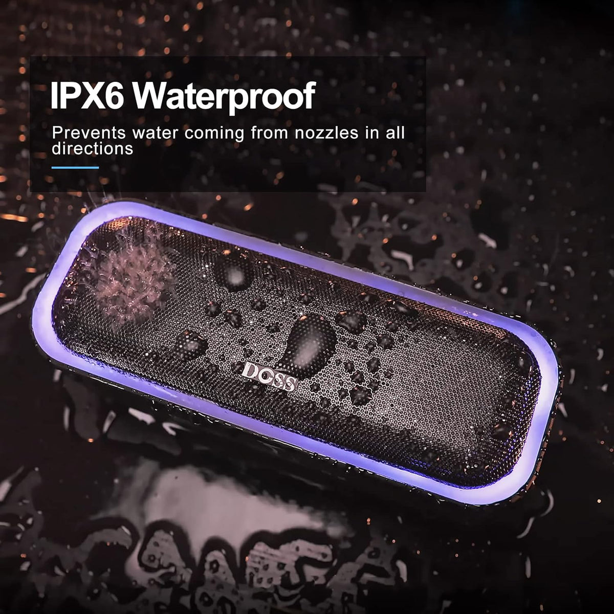 DOSS SoundBox Pro Bluetooth Speaker with 20W Stereo Sound, Active Extra Bass, IPX6 Waterproof, TWS Pairing, Multi-Colors Lights, 20H Playtime, Portable for Beach, Outdoor-Blue