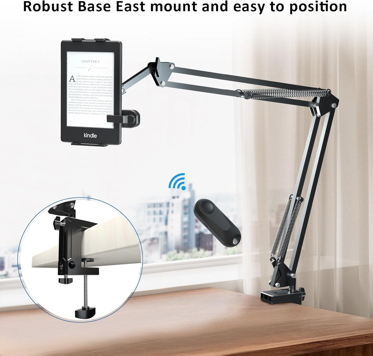 Tablet Holder for Kindle Reading in Bed with Remote Page Turner, Easy Adjust Hands Free Lazy Arm Mount for Kindle Accessories, Gifts for Readers