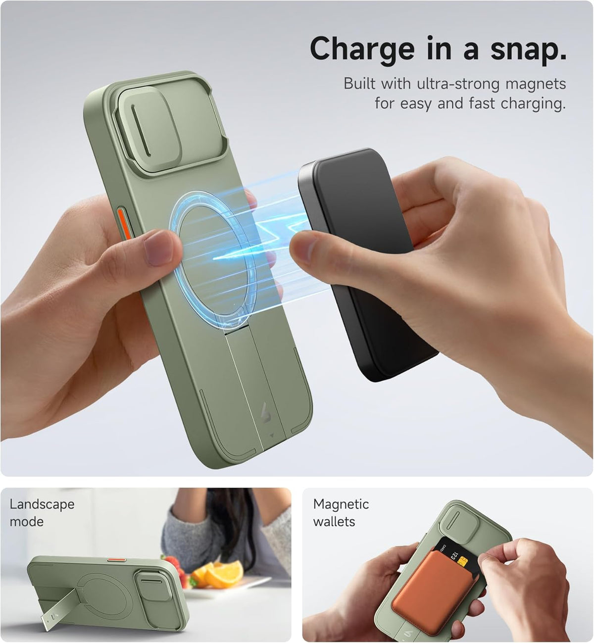 SURITCH for iPhone 15 Case with Magnetic Camera Slide Cover and Adjustable Kickstand, Compatible with MagSafe, Shockproof Bumper Case Slim Protective Cover 6.1 Inch, Green