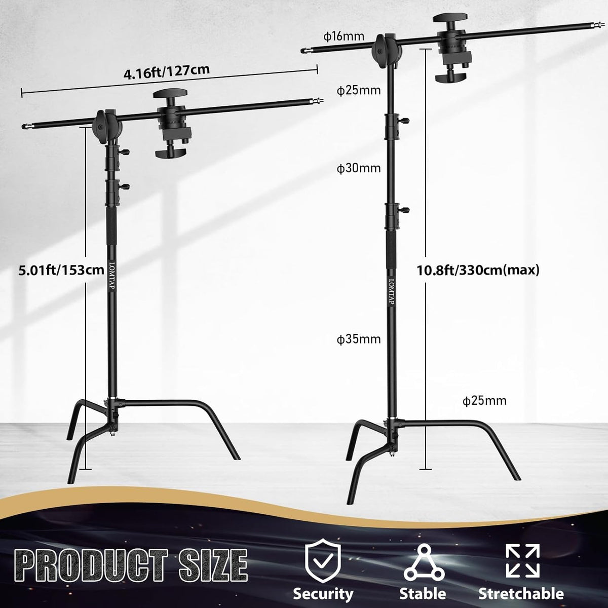 LOMTAP C Stand Light Stand Stainless Metal Photography Kit - Heavy Duty 6.8ft/210cm Vertical Pole, 2.8ft/87cm Boom Arm, Adjustable Base, Water Sandbag, 2 Grip Heads, 3 Clips for Softbox, Reflector