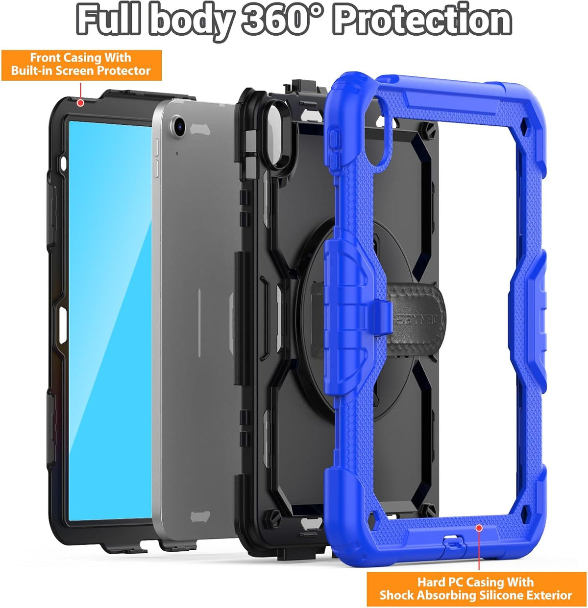SEYMAC for iPad (A16) 11th/10th Generation Case 2025/2022 (11″/10.9″), Sturdy Heavy Duty Full-Body Shockproof Protective Case with Screen Protector, Rotating Stand, Hand/Shoulder Strap, Black/Blue