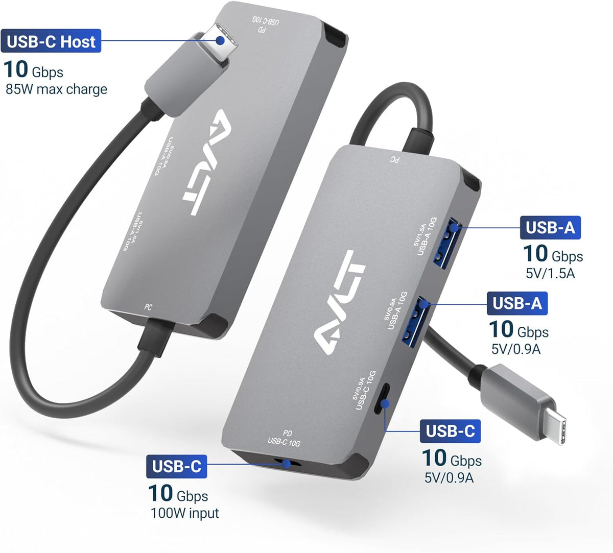 AVLT 4-Port USB 3.1 Gen 2 Type C 10G Hub with 85W PD Charging - Portable Multiport Adapter – Fast Data Transfer and Charging for MacBook, Laptop, PC, iPad (Does NOT Support USB-C Monitor)