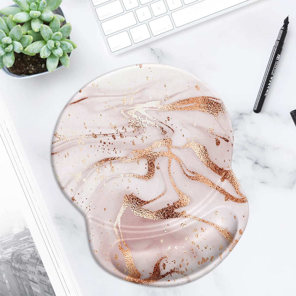 ITNRSIIET Ergonomic Mouse Pad with Gel Wrist Support Small Wrist Rest Smooth Surface Non-Slip PU Base Comfortable Office Supplies Pain Relief, 8.7 x 7.2 inches, Rose Gold Marbling