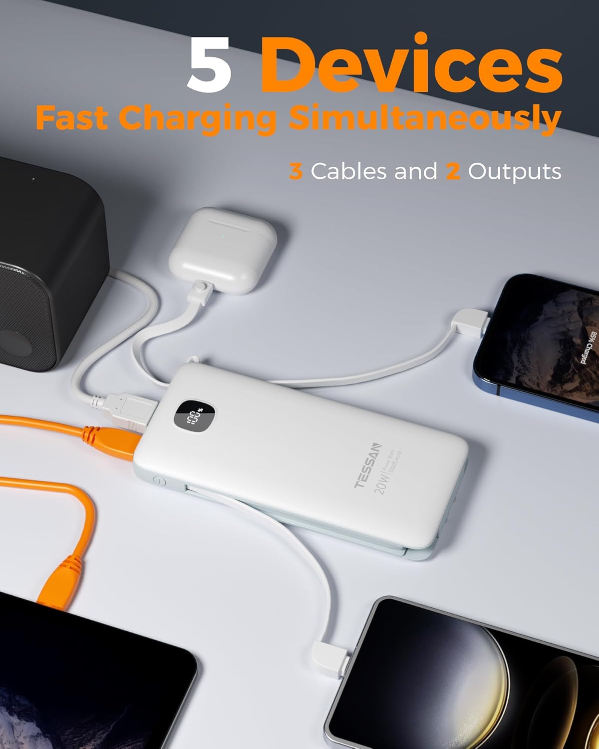 TESSAN Portable Charger with Built in Cables, 10000mAh Power Bank Fast Charging with Foldable Wall Plug Charger, 20W Compact Battery Pack Travel Essentials for iPhone 16/15 Series, Samsung, Tablets