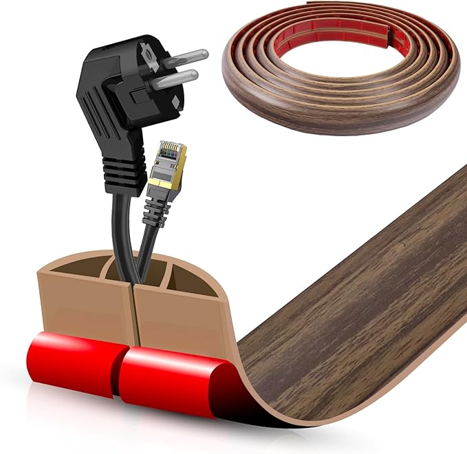 Floor Cord Cover Self Adhesive Cord Hider,10FT Cable Management, Extension Strip Protector for Wires, Prevent Cable Trips for Offices, Gyms, Exhibitions Cavity:0.47"(W) x 0.35"(H) Wood Walnut