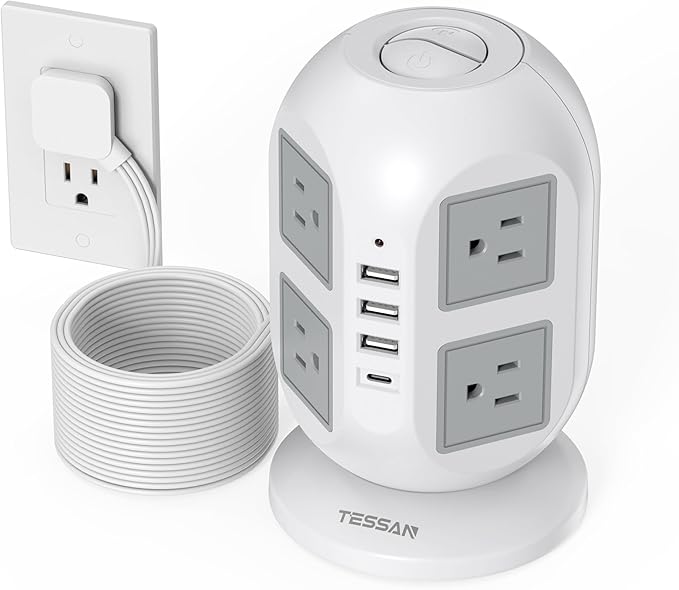TESSAN Tower Power Strip 15 ft, Long Flat Extension Cord，Multiple Outlets