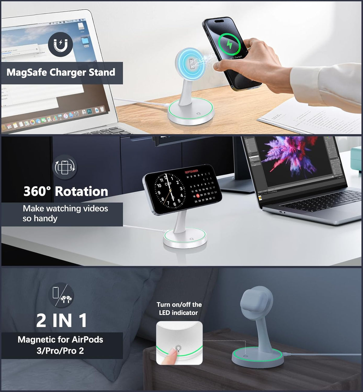 2 Pack Magnetic Wireless Charger Stand 15W Fast Mag-Safe Charger for iPhone 16/16 Pro/16 Plus/16 Pro Max/15/14/13/12 Series Magnet Wireless Charging Station/Pad with Sleep-Friendly Light for AirPods