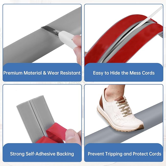 Floor Cord Cover Self Adhesive Cord Hider Floor Extension Cord Covers for Floor Power Cord Protector Cable Management Prevent Cable Trips Cable Cavity 0.51" W x 0.31" H (Grey, 10Ft)