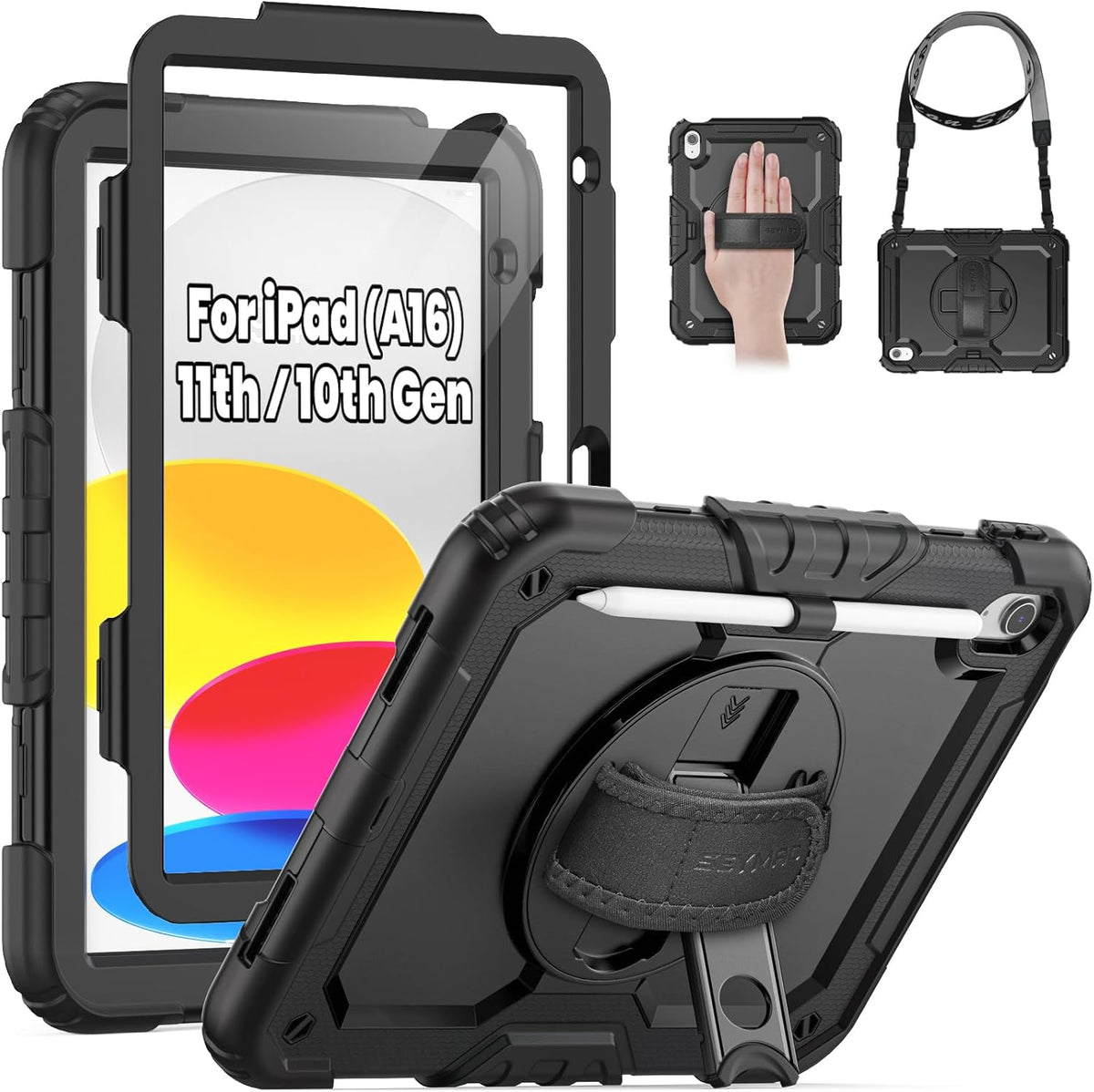 SEYMAC for iPad (A16) 11th/10th Generation Case 2025/2022 (11″/10.9″), Sturdy Heavy Duty Full-Body Shockproof Protective Case with Screen Protector, Rotating Stand, Hand/Shoulder Strap, Black