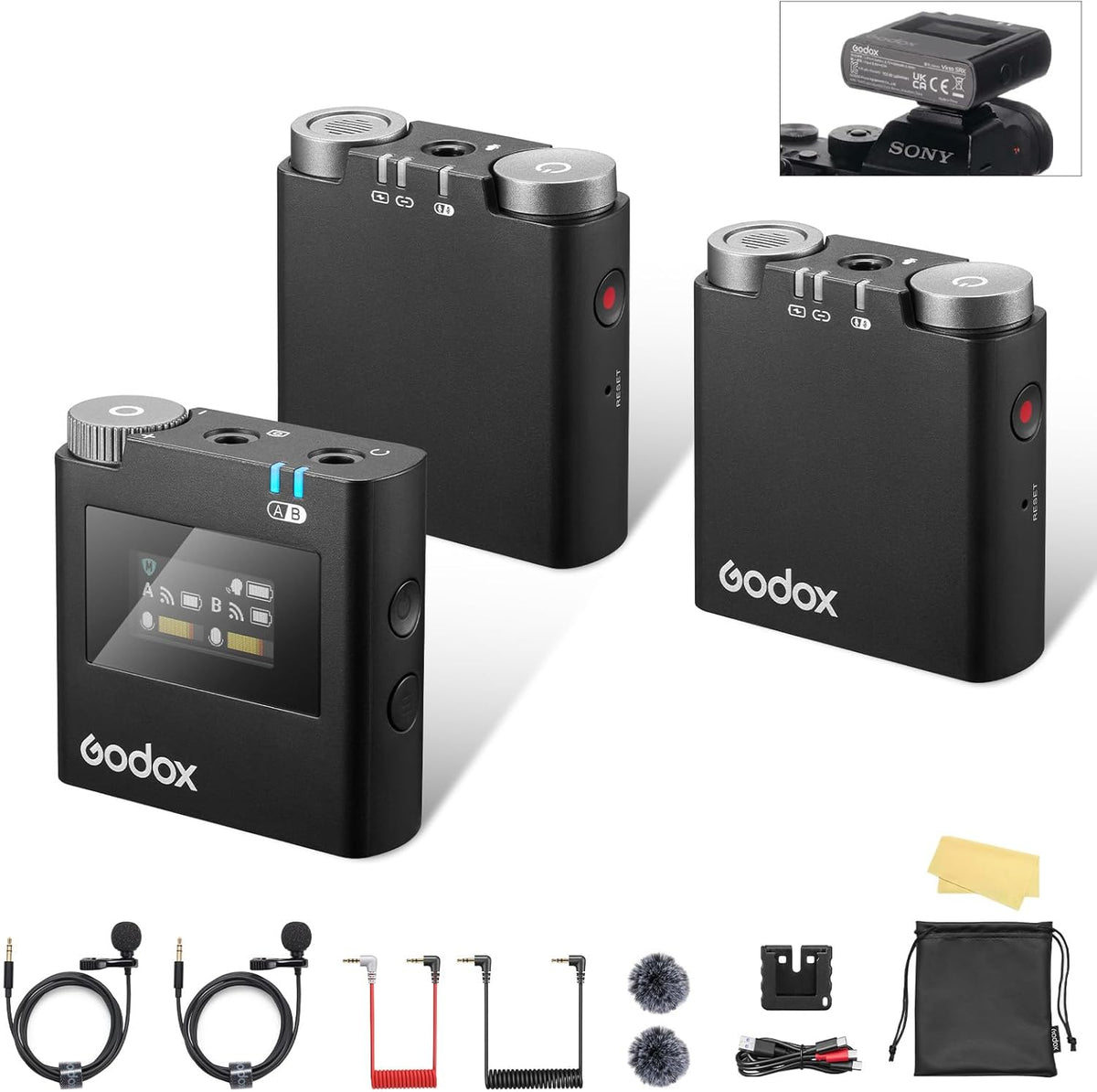 GODOX 【2025 Latest Model】 Virso S M2 Wireless Lavalier Microphone System, Mic Kit for Sony Camera with Sony Hot Shoe,2.4GHz Dual Channel Screen Rotation Noise Cancelling for Interview,Beginners