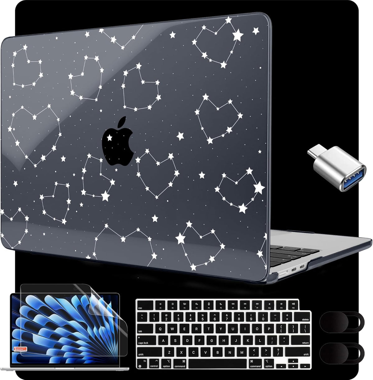 MEEgoodo for M4/M3/M2 MacBook Air 15.3 inch Case 2025 2024 2023, Case Fit Model (A3241/A3114/A2941) for MacBook Air 15 inch, Laptop Hard Shell with Keyboard Cover, Constellations & Hearts