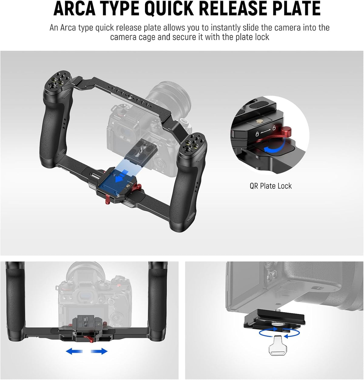 NEEWER Video Camera Cage Rig with Arca Type Quick Release Plate, Double Handles, 3/8" ARRI 1/4" Threads, Cold Shoes, Universal Camera Stabilizer, Compatible with SmallRig NEEWER Base Plate, CA077