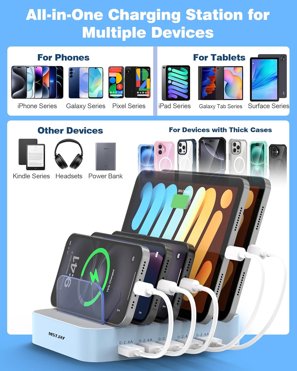 MSTJRY Charging Station for Multiple Devices : 5 Port Multi USB-A Charger Stations Multi-Device Organizer Charging Dock Designed for iPhone iPad Cell Phone Tablets (7 Short Cables Included), Blue