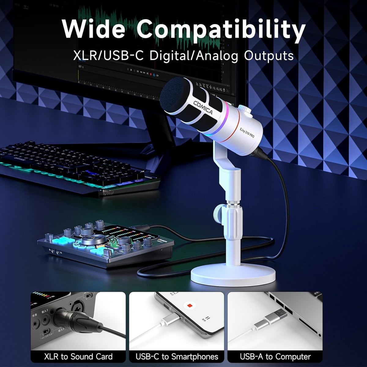 EJoy D10 PRO(D) Wireless USB Gaming Microphone – RGB Dynamic Mic with Wired/Wireless Modes, XLR/USB-C, Real-Time Monitoring, 45H Battery, Studio Mic for Gaming, Streaming, Podcast, Recording (White)