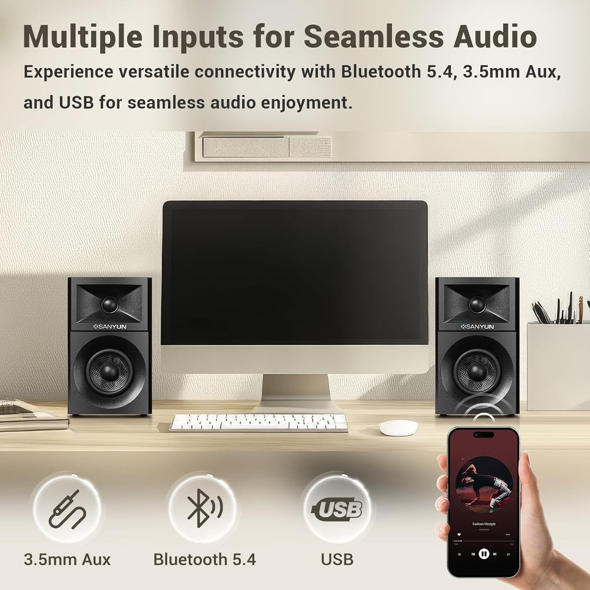 SW203 4.0 Computer Speakers - 60W 4-Way DSP Control 3D Immersive Sound - 3" Carbon Fiber Woofer & 20mm Silk Dome Tweeter - 24bit DAC USB/Bluetooth 5.4/AUX - Studio-Grade Audio (Pair, Red)