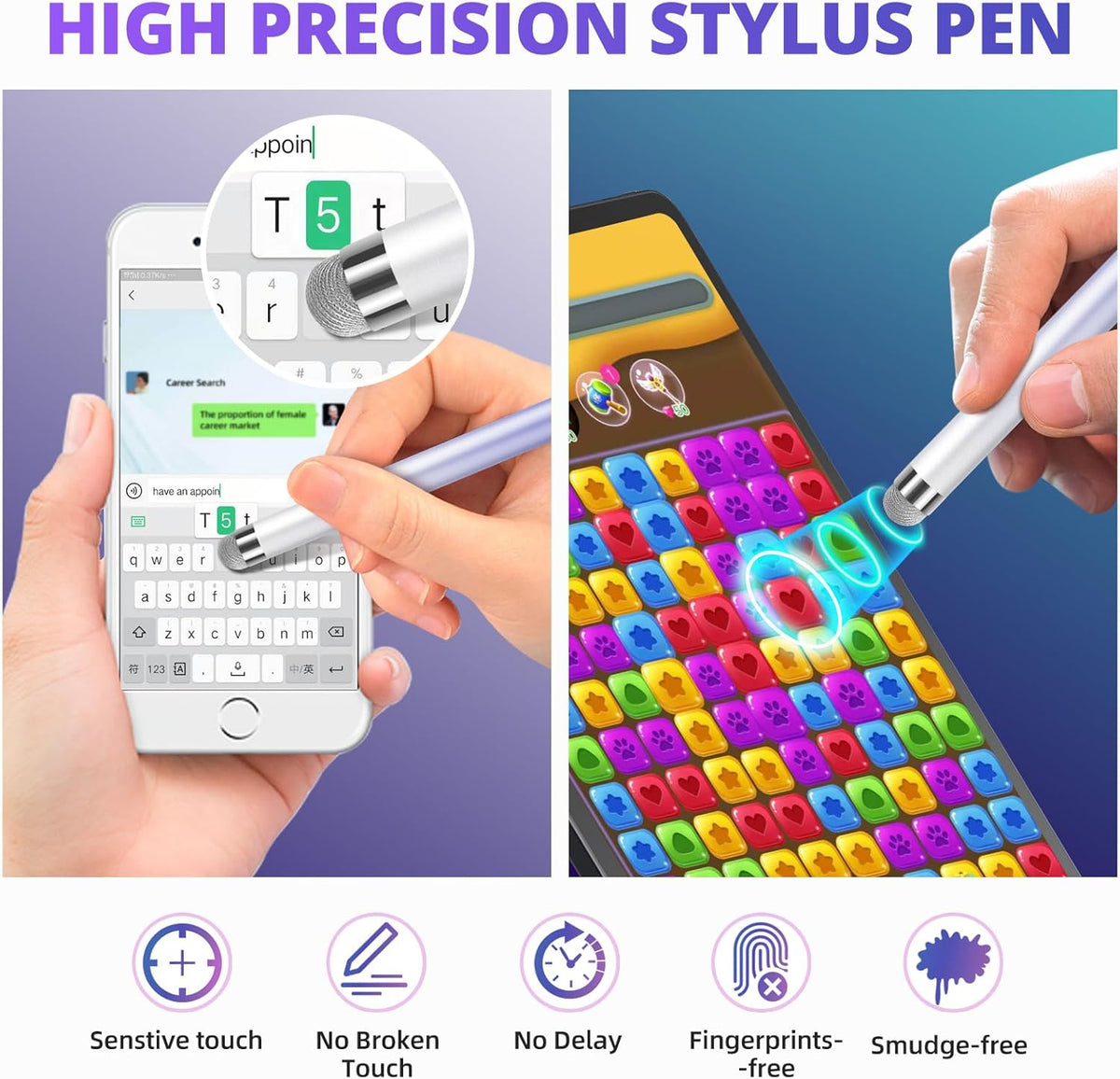 Extra Long Stylus pens for Touch Screens [5 Pack Fiber mesh Tips] Compatible for iPad iPhone Android Tablet Laptop Surface Chromebook High Sensitivity & Fine Point Capacitive Pen