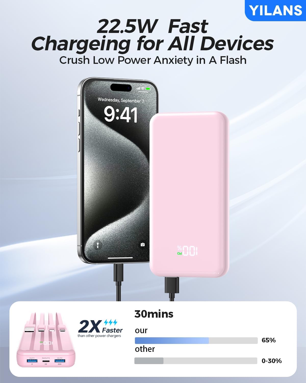Portable Charger, 42800mAh Power Bank Built-in Cable, 22.5W PD USB C In & Out Fast Charging, External Battery Pack with 6 Output & 2 Input, Travel Phone Charger for iPhone 16/15/14/13/12 (Pink)