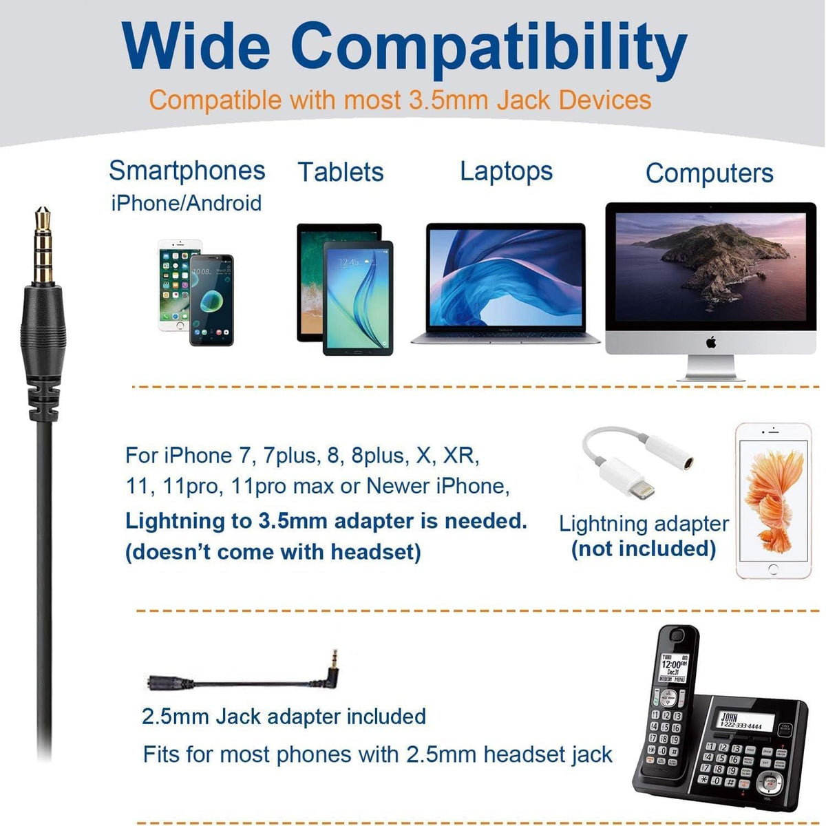 Wantek Phone Headset Wired Computer Headset with Microphone – Noise Cancelling 3.5mm/2.5mm Headphones for PC, Laptop, Mac, iPhone, Samsung – Compatible with Zoom, Teams, Call Center, Home Office