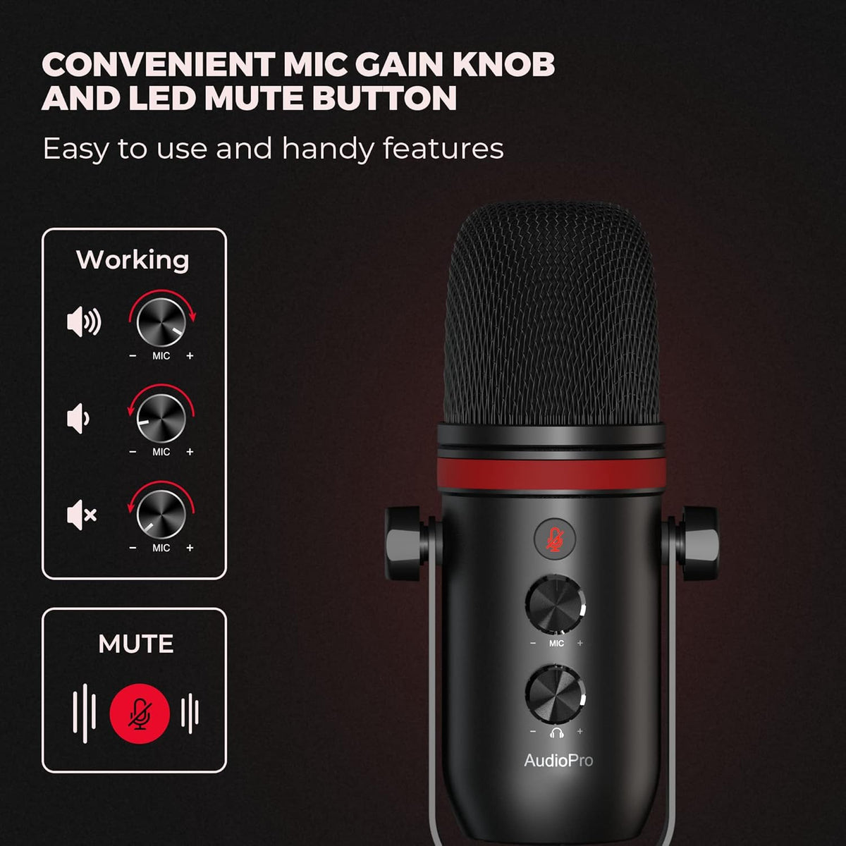 AUDIOPRO USB Microphone, Computer Condenser Gaming Mic for PC/Laptop/PS4/5, Headphone Output, Volume Control, USB Type C Plug and Play, LED Mute Button, for Streaming, Podcast, Studio Recording