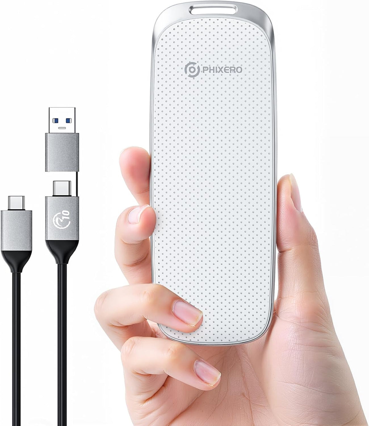 PHIXERO P10PRO External NVMe SSD 2TB, Up to 1050MB/s, USB 3.2 Gen2, Includes 2-in-1 USB C Cable, Portable Hard Drive for iPhone 15+/Android/Windows/Mac, White