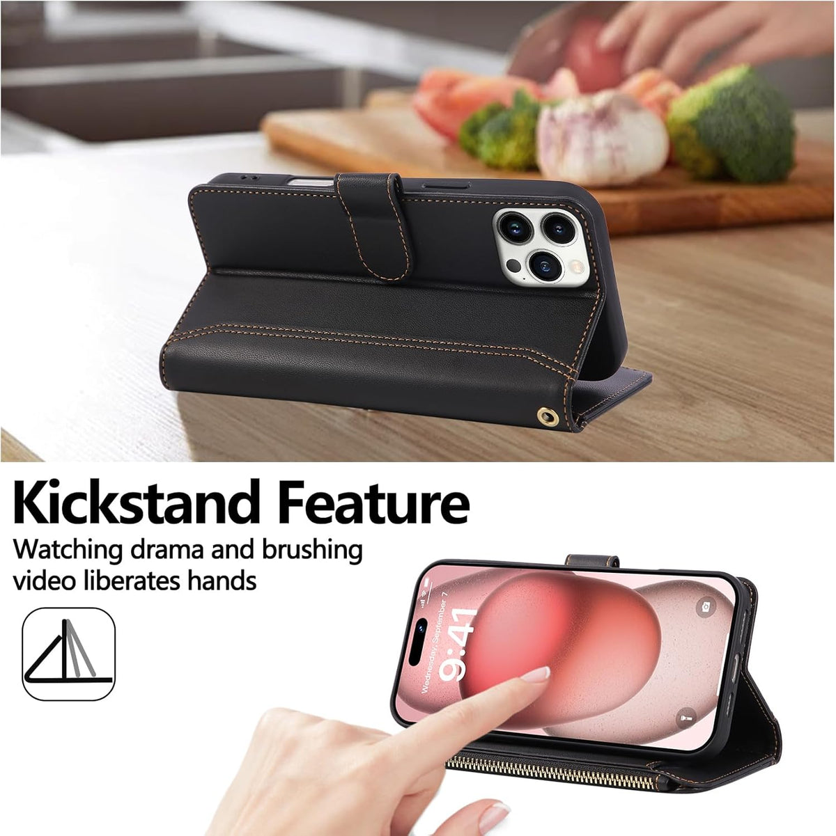 Compatible with iPhone 14 Pro Wallet Phone Case-PU Leather Magnetic Flip Cover with Credit Card Slots,Zipper Pocket & Detachable Wrist Strap,Shockproof Design,for Women and Men-Black