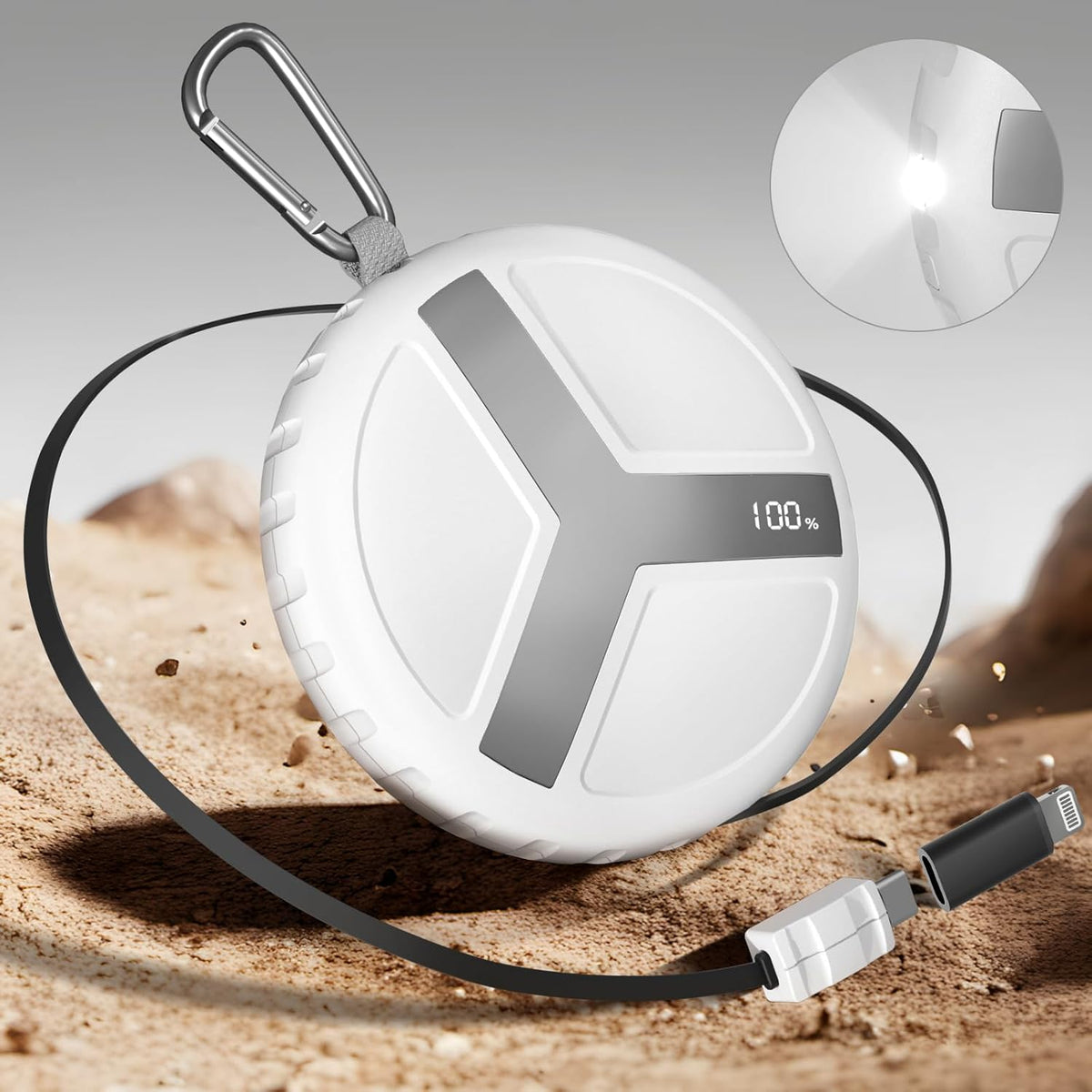 Vivilumens Rugged Power Bank Outdoor Charger 10000mAh USB-C Fast Charging Cable Retractable 25.5 inch Carabiner Wearable Smart Display & Flashlight Battery Pack for Hiking, Camping, Backpacking(White)