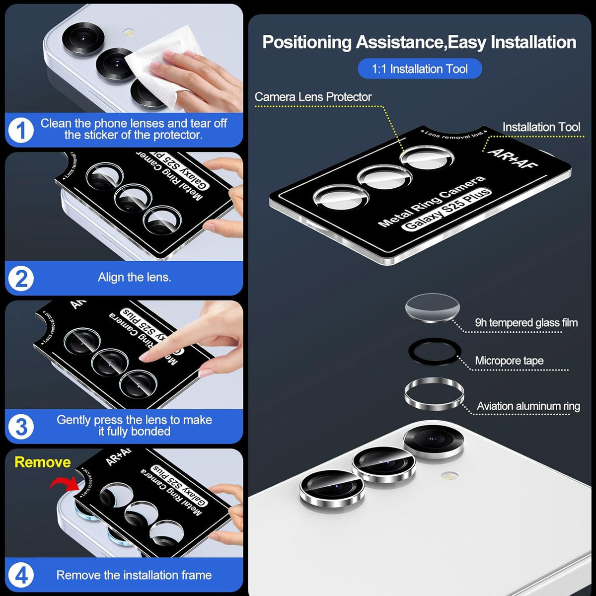 for Samsung Galaxy S25 Plus Camera Lens Protector, Individual Metal Ring Tempered Glass Lens Cover, [Strong Adsorption] Scratch Resistant Ultra-Thin HD Clear Lens Cover, 1 Set-Slivery Ring