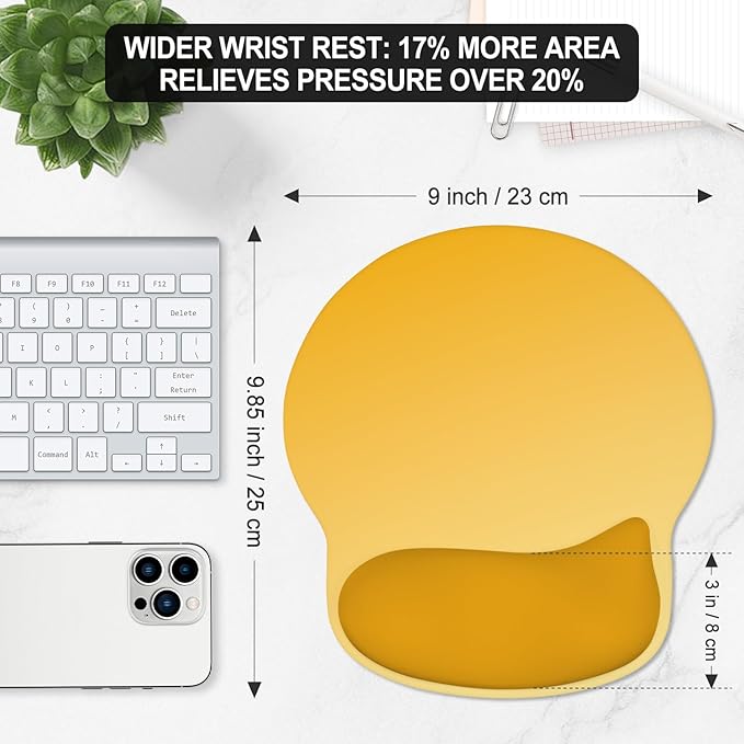 ITNRSIIET Ergonomic Mouse Pad with Wider Memory Foam Wrist Rest +17% - Curved Cushion Reduces Pressure 20%, Pain Relief, Non-Slip, Smooth, Cute Colors, 9.85 x 9 in, Yellow Gradient