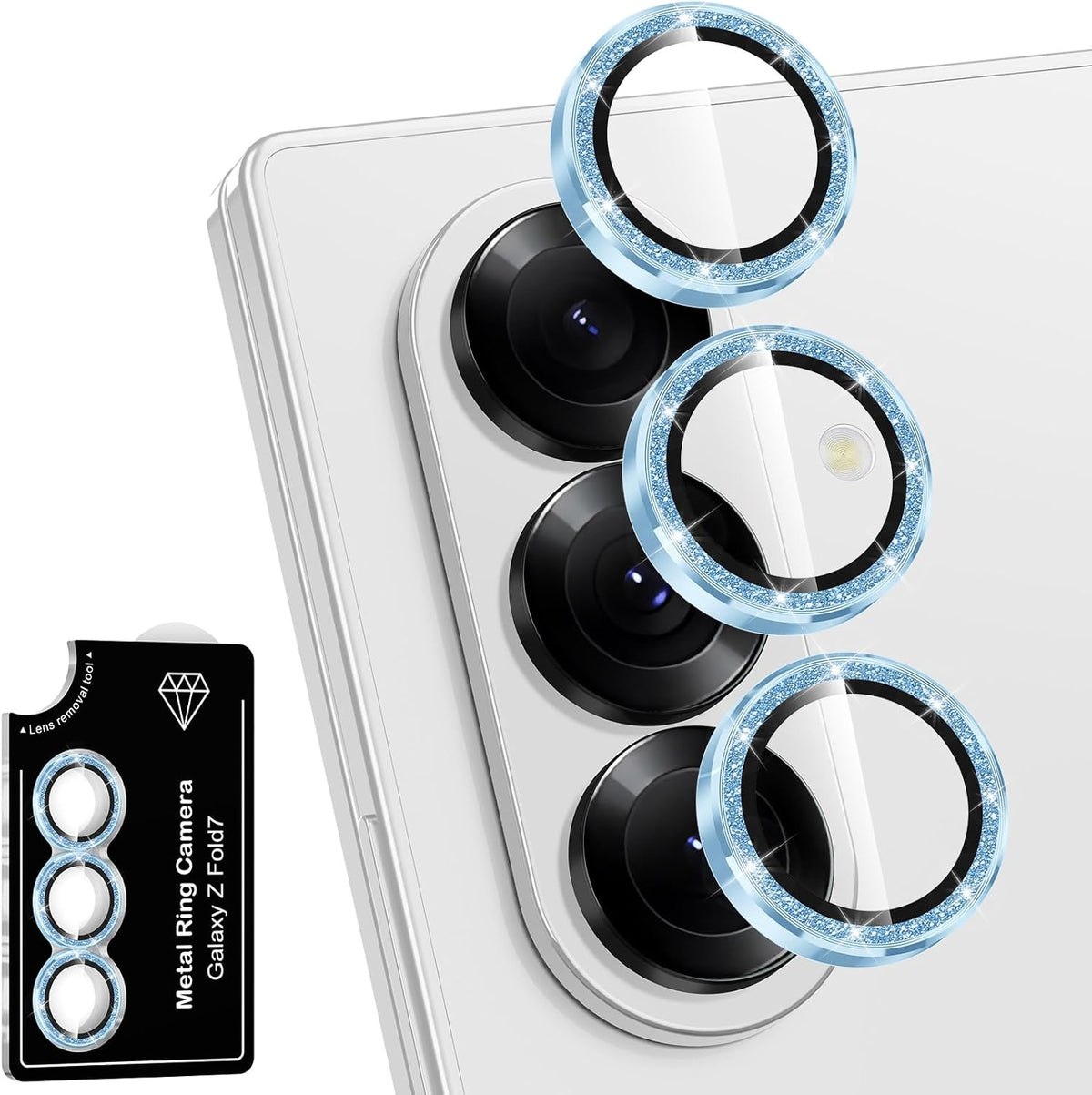 for Samsung Galaxy Z Fold 7 Camera Lens Protector, Individual Metal Ring Tempered Glass Lens Cover, [Strong Adsorption] Scratch Resistant Ultra-Thin HD Clear Lens Cover, 1 Set-Blue Sparkly
