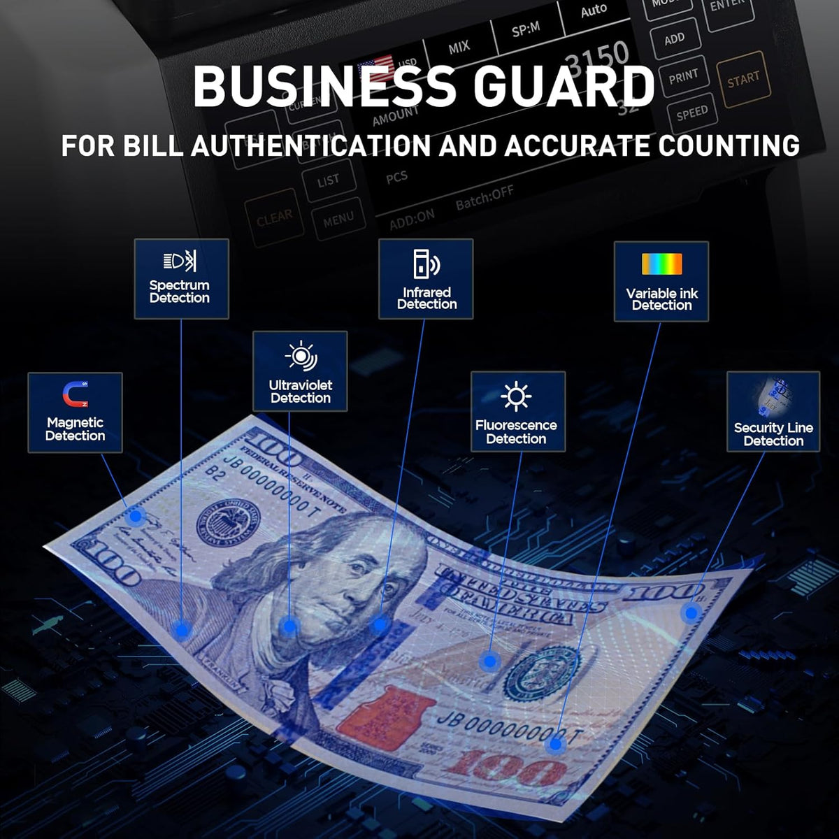 NUCOUN VC-3 Mixed Denomination Money Counter Machine, Value Counting, CIS/UV/IR/MG/MT Counterfeit Detection, USD/Euro/CAD/MXN, Printer Enable, White Cash Note Counter, Bill Counter for Business