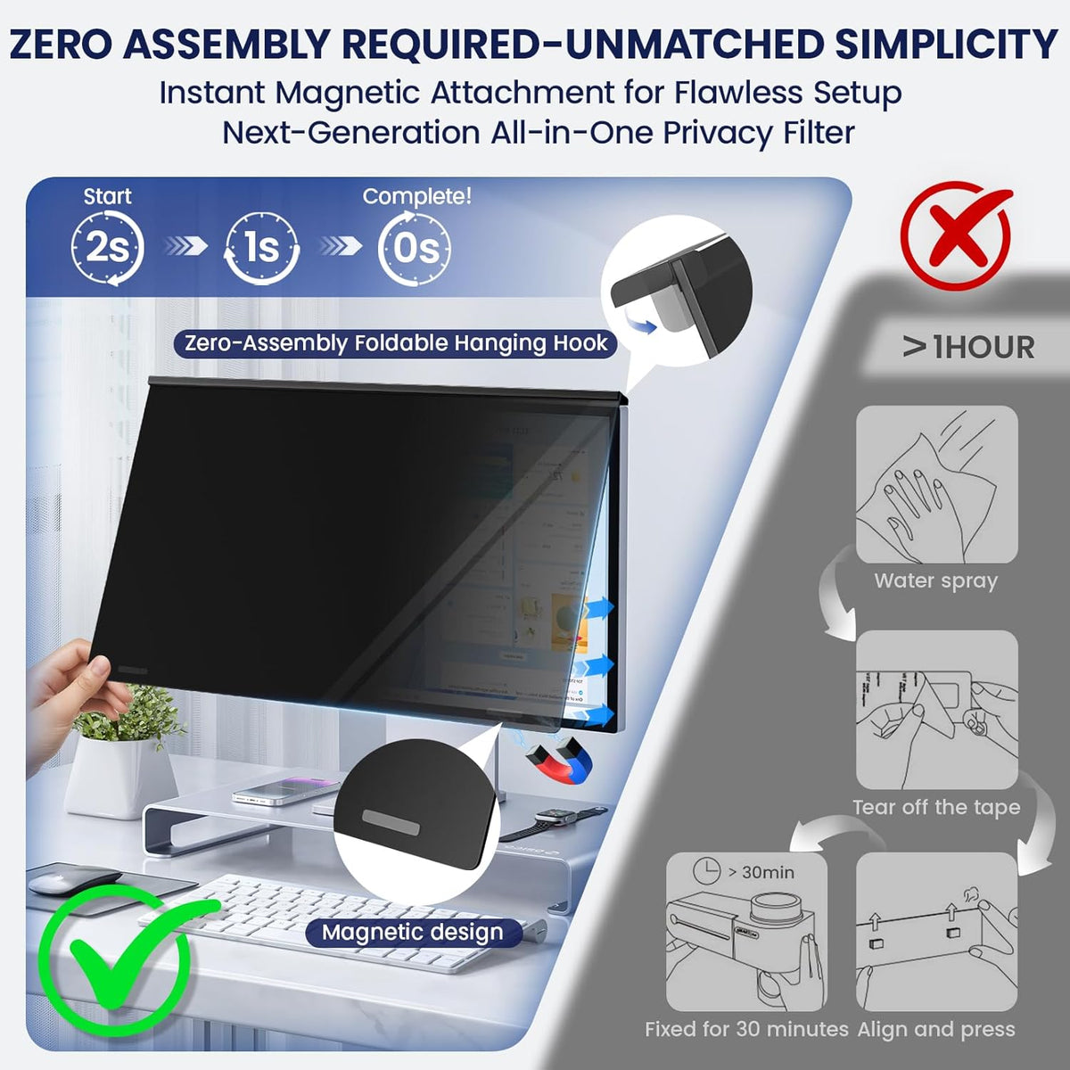 Magnetic 24 Inch Privacy Screen for Frameless Monitor 16:9 Aspect Ratio,Hanging Blue Light Screen Protector Eye Protection Anti-Spy Shield, 24in Removable Privacy Filter
