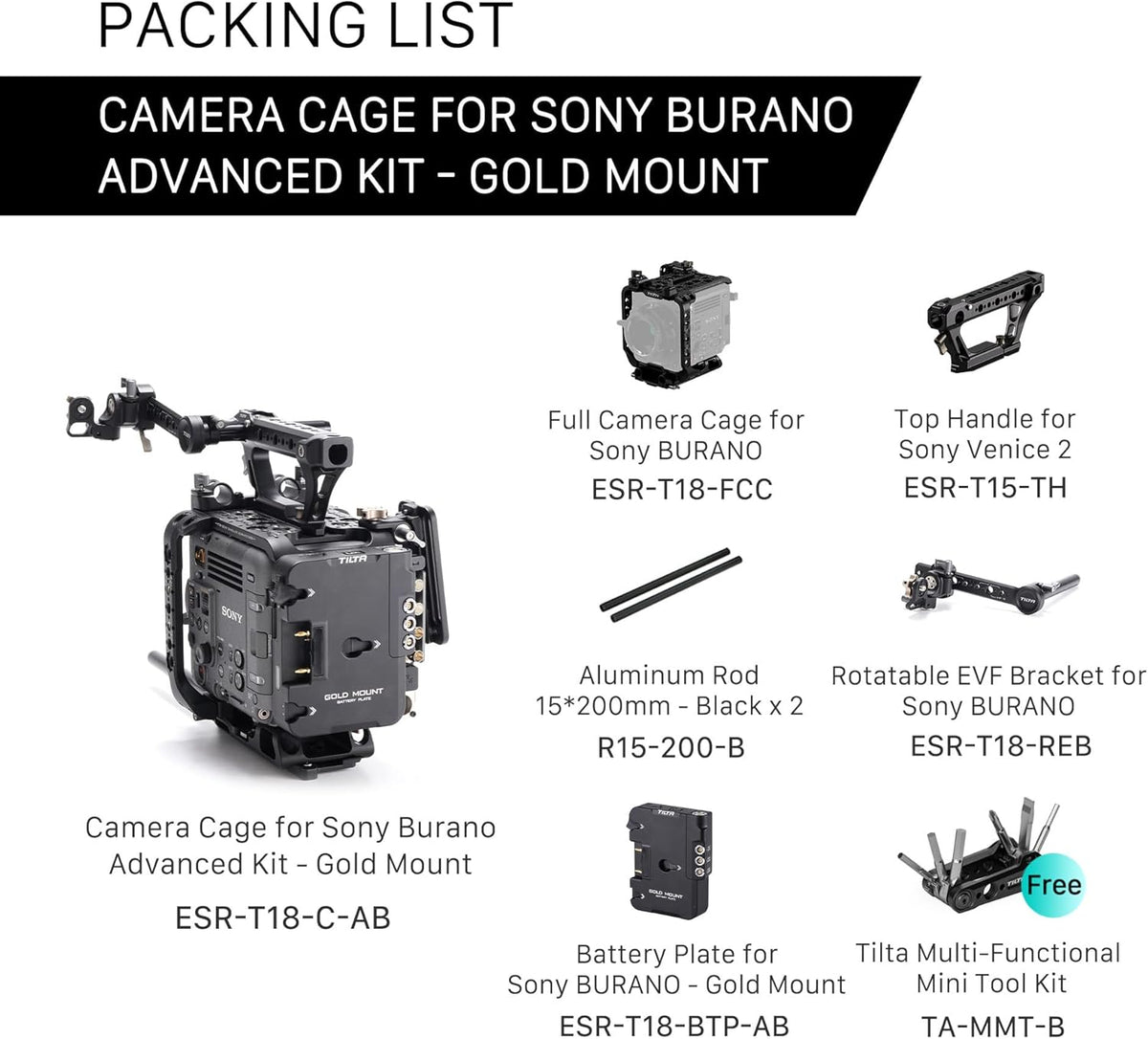 Tilta Camera Cage Compatible with Sony BURANO | Arri Rosettes, 1/4"-20 and 3/8"-16 Threads | w/Top Handle, Left/Right Side Arm, Battery Plate (Advanced Kit - Gold Mount)