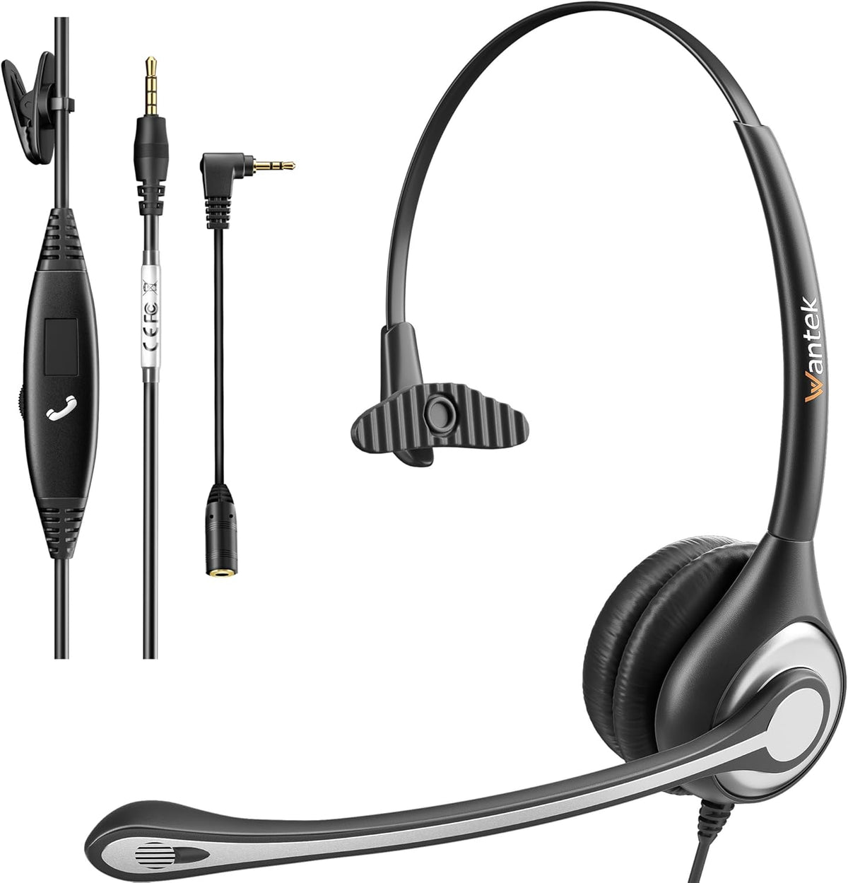 Wantek Cell Phone Headset Mono with Noise Canceling Mic, Wired Computer Headphone for iPhone Samsung Huawei HTC LG ZTE BlackBerry Smartphones and Laptop PC Mac Tablet with 3.5mm Jack(F600J35)