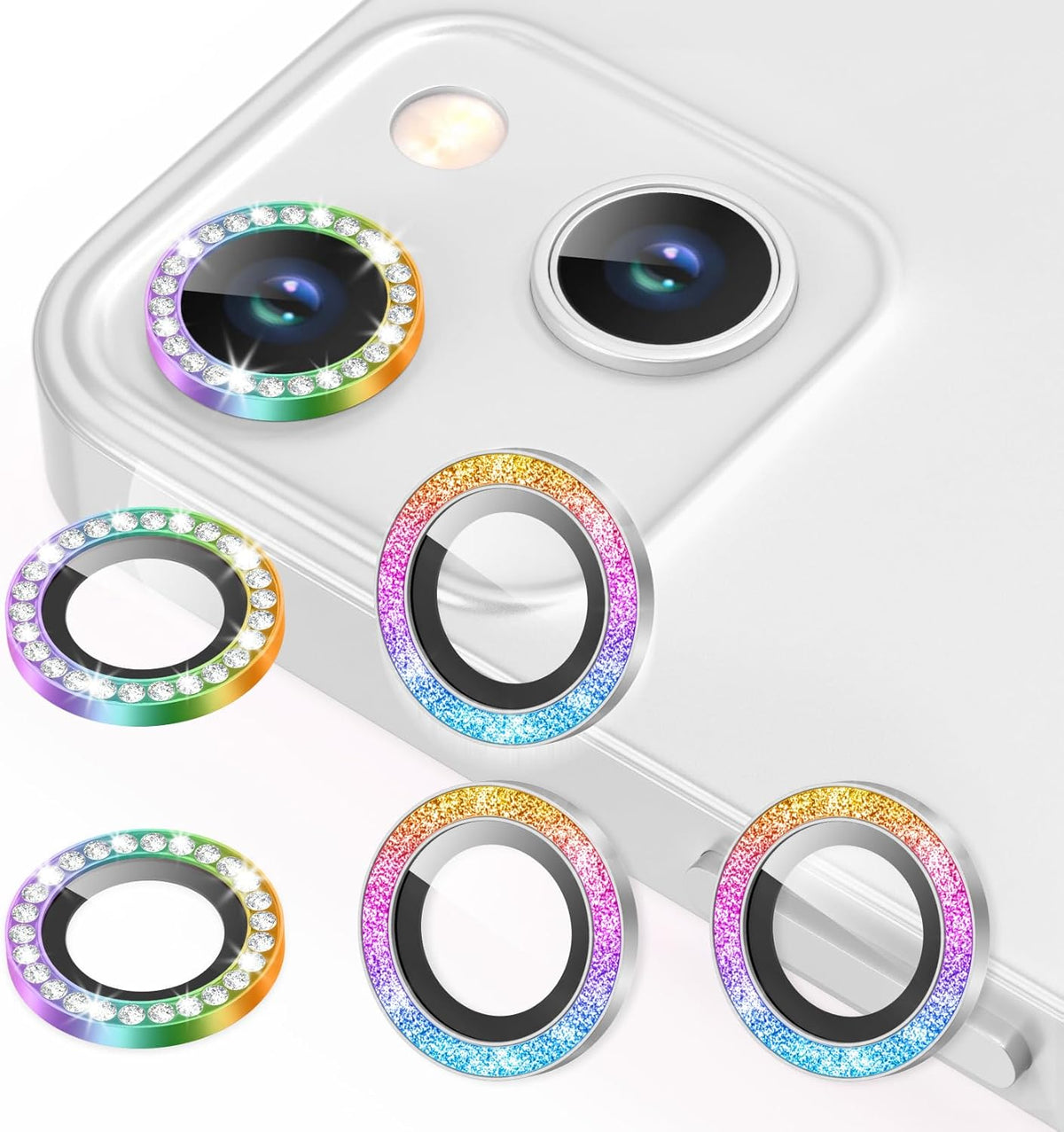 AGVEE 3+3 6 Pack for iPhone 13 6.1" / 13 Mini 5.4" Camera Lens Cover Protector, Bling Diamond & Bling Glitter Metal Ring 9H Tempered HD Glass Camera Cover Protector Film, Bling-Colorful
