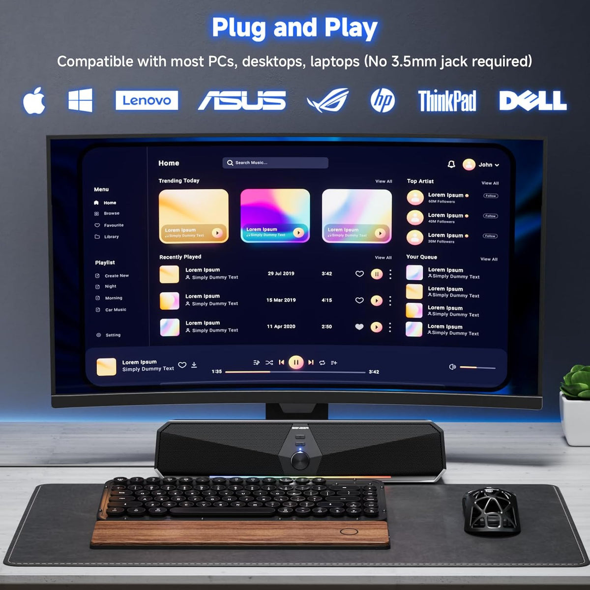 SENZER CS30 Bluetooth Computer Speakers for Desktop, USB Plug & Play PC Speakers with Dynamic LED Light, Stereo Sound Soundbar for Desktop Laptop Monitor (USB-C Adapter Included)