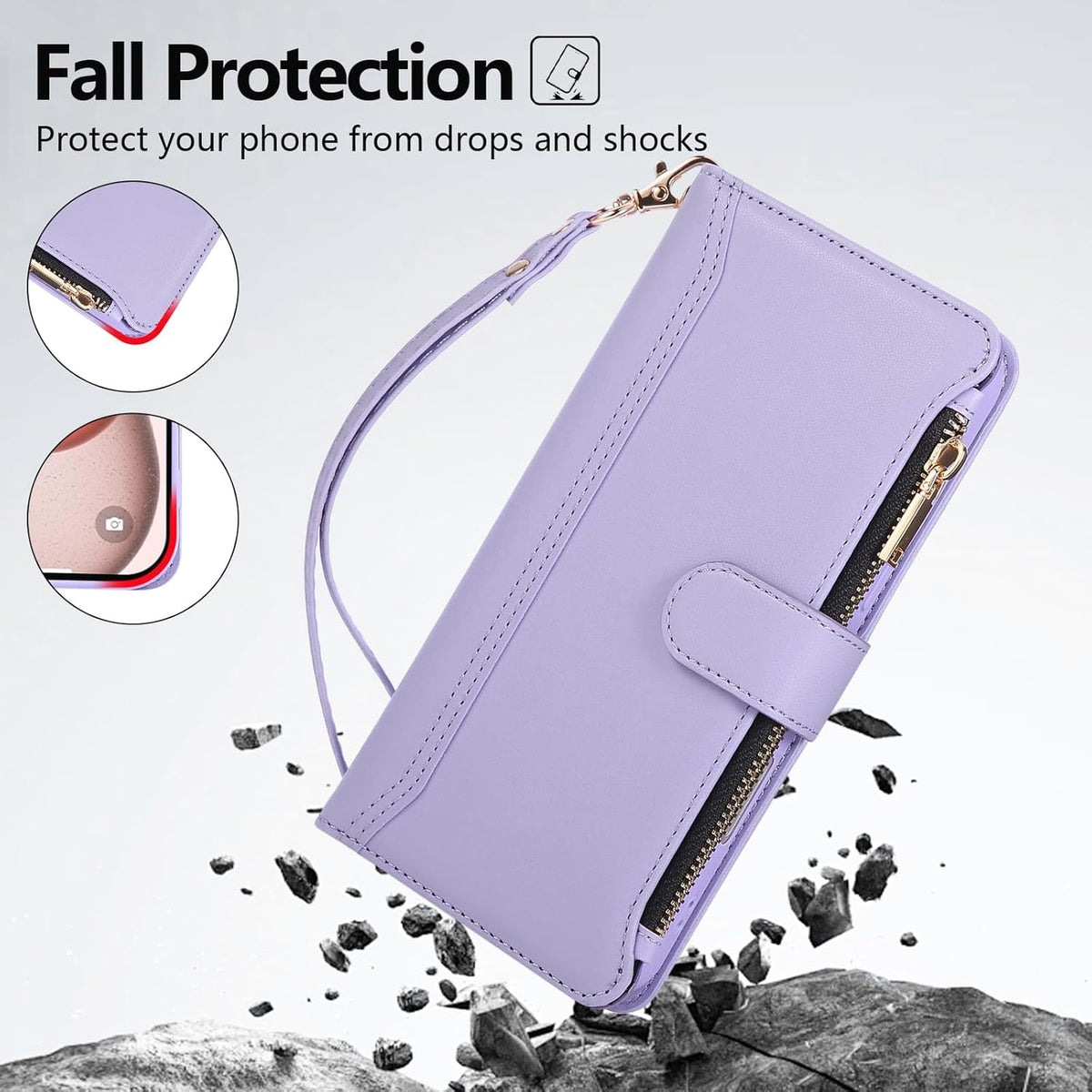 Compatible with iPhone 16 Pro Wallet Phone Case-PU Leather Magnetic Flip Cover with Credit Card Slots,Zipper Pocket & Detachable Wrist Strap,Shockproof Design,for Women and Men-Purple