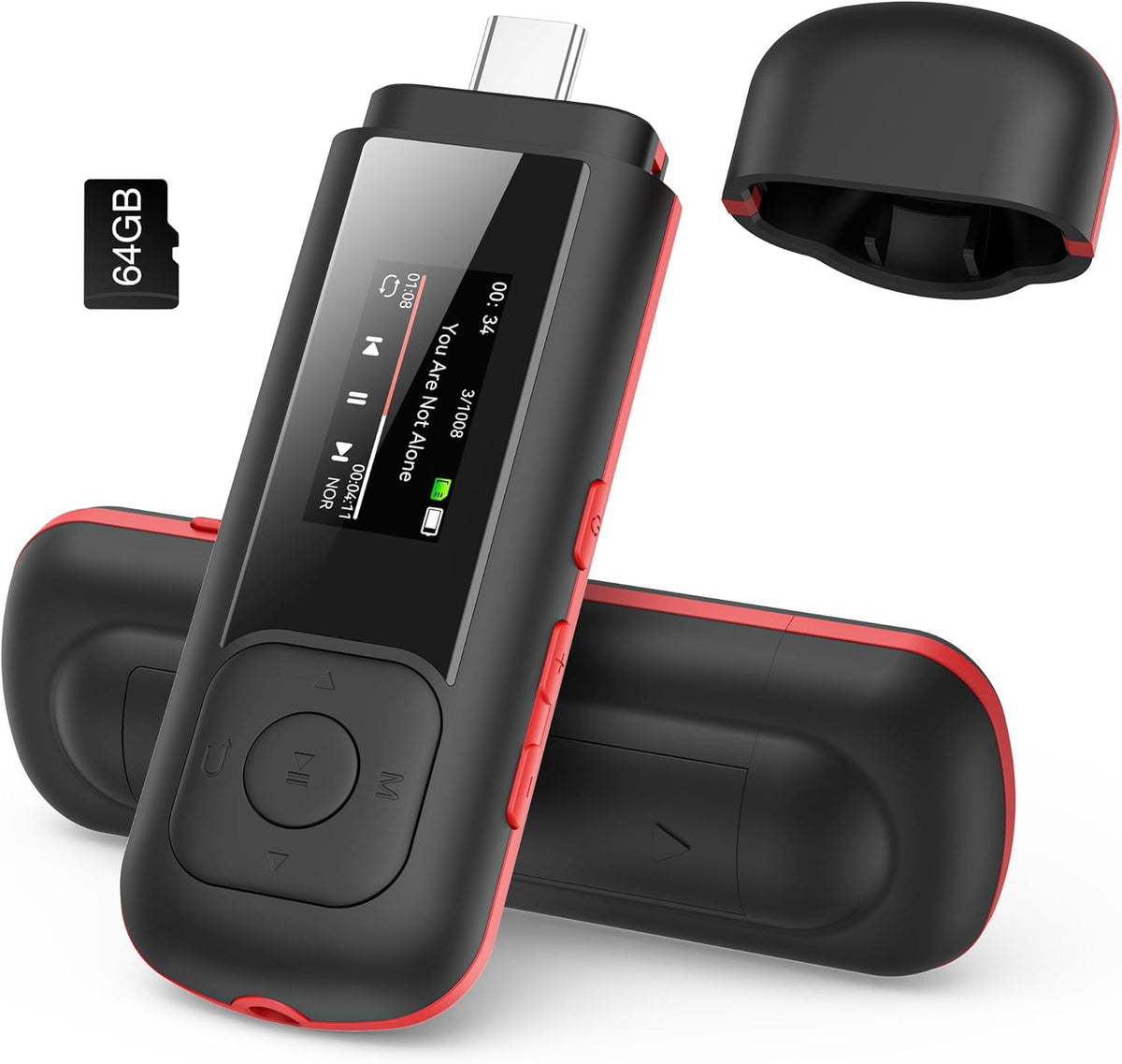 AGPTEK 64GB MP3 A55PL 2 1 USB C Player, in Type-C & USB Stick Music Player Supports Replaceable AAA Battery, FM Radio