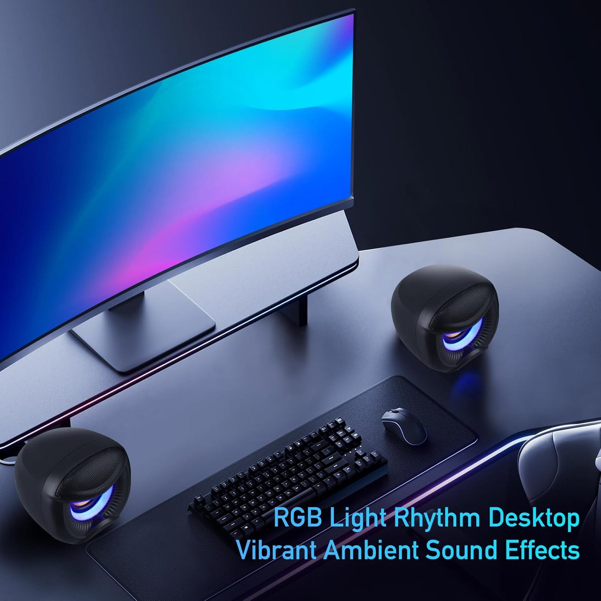 USB Powered Computer Speakers with RGB Blue Lighting 2.0 Stereo Sound System, Headphone Jack, Plug and Play, Works with PC/Laptop (USB-C Adapter Included)