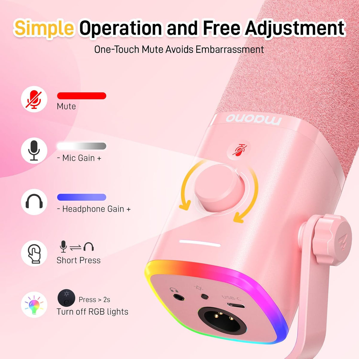 MAONO Dynamic Gaming Microphone: USB XLR Dynamic Computer Microphone with Software-RGB PC Mic for Gamer-Podcast Mic for Streaming Recording Studio YouTube Content Creation Online Chat PD100X (Pink)