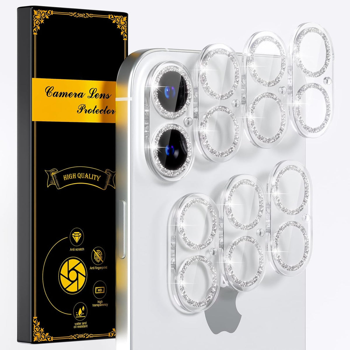 beuxece for 6 Pack iPhone 16 / iPhone 16 Plus Camera Lens Protector [Drop Protection] [Case Friendly] [Easy Installation] 9H Tempered Glass Camera Screen Protector Cover Accessories, Glitter Silver