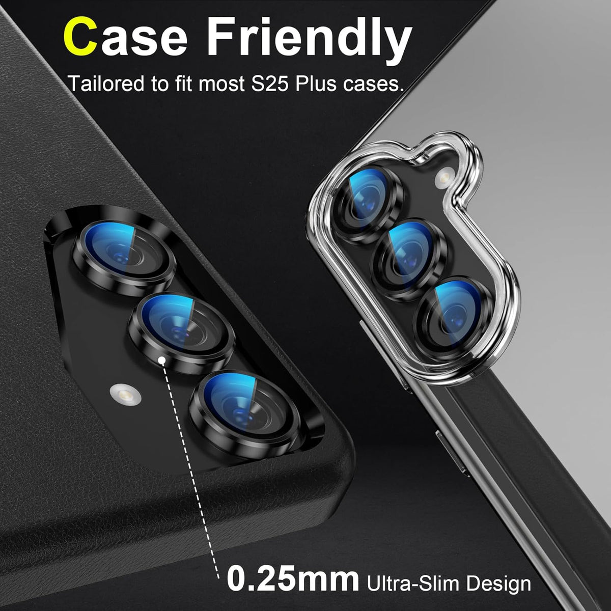 YWXTW Camera Lens Protector for Samsung Galaxy S25+ Plus Accessories [1:1 Fit & Ultra Clarity] 9H Tempered Glass Metal Individual Ring Camera Cover Screen Protector, Case Friendly (Black)