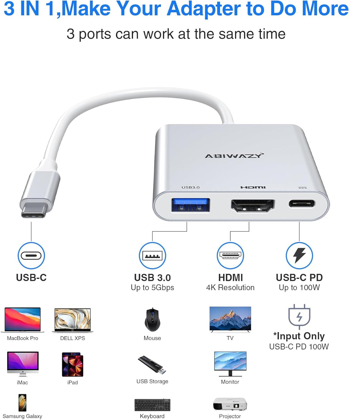 USB C to HDMI Adapter, 4K HDMI to USB-C Multiport Hub Adapter with 100W PD & USBA 3.0 Port, Type C Digital AV Converter for iPad Pro,MacBook Pro/Air,iPhone 15/16,Switch,TV, Monitor and More(Silver)