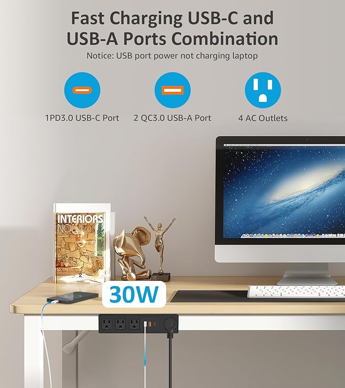 HHSOET Power Strip with USB Fast Charging, 10Ft Flat Extension Cord, 30W